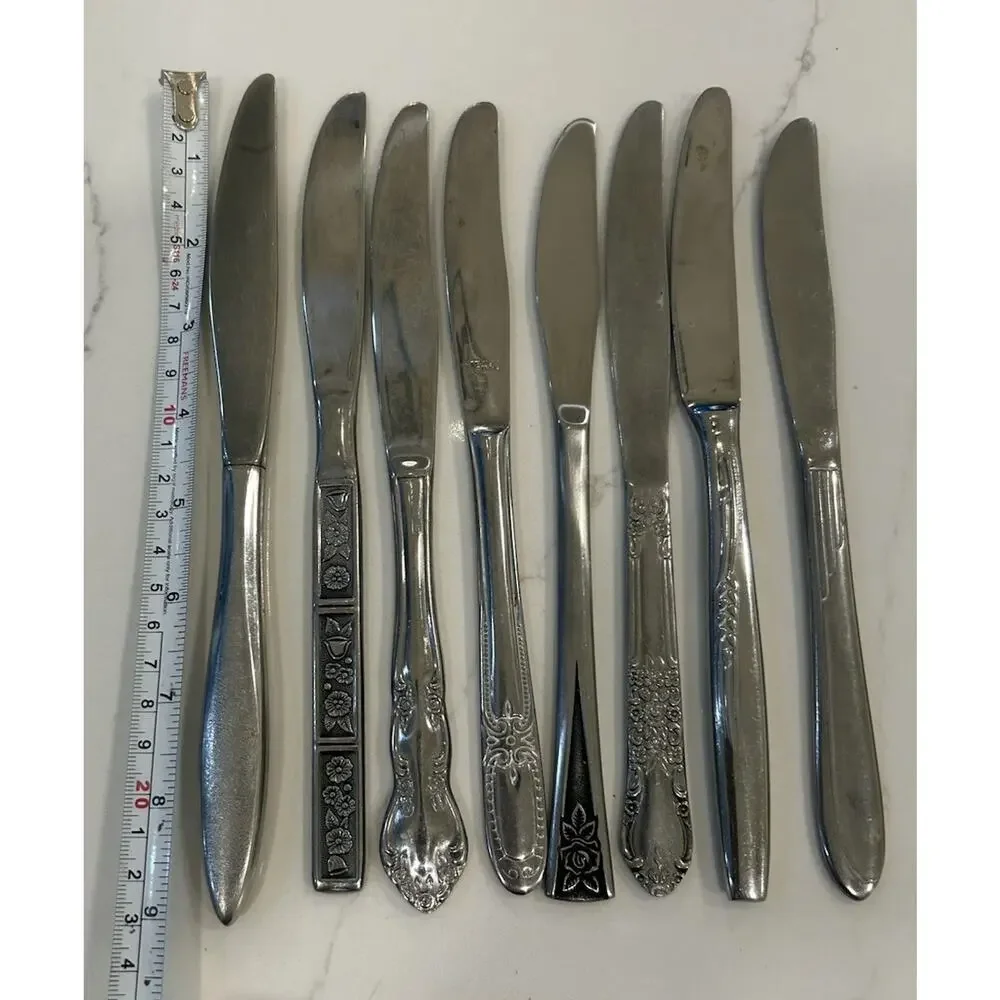 Vtg Mixed Lot of 8 Dinner Knives‎ 9” MCM Mismatched Stainless Floral Patterns